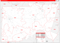 Chatham County, NC Wall Map Zip Code Red Line Style 2024