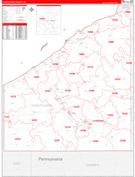 Chautauqua County, NY Wall Map Zip Code Red Line Style 2024