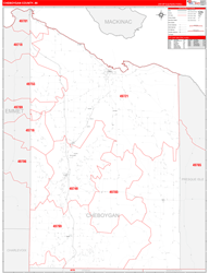 Cheboygan County, MI Wall Map Zip Code Red Line Style 2024