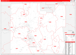 Chemung County, NY Wall Map Zip Code Red Line Style 2024