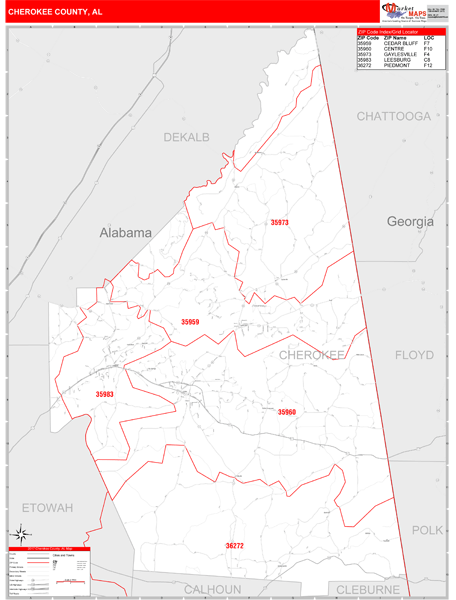 Cherokee County, AL Wall Map Zip Code Red Line Style 2024