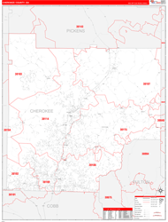 Cherokee County, GA Wall Map Zip Code Red Line Style 2024