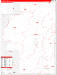 Cherokee County, OK Wall Map Zip Code Red Line Style 2024