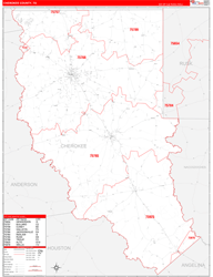 Cherokee County, TX Wall Map Zip Code Red Line Style 2024