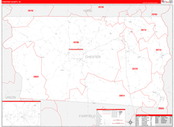 Chester County, SC Wall Map Zip Code Red Line Style 2024