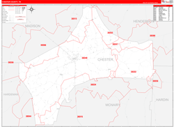 Chester County, TN Wall Map Zip Code Red Line Style 2024