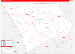 ChesterfieldCounty, SC Wall Map Zip Code Red Line Style 2024