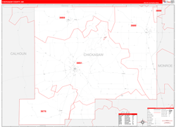 Chickasaw County, MS Wall Map Zip Code Red Line Style 2024