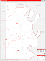 Chicot County, AR Wall Map Zip Code Red Line Style 2024
