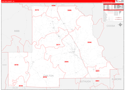 Chilton County, AL Wall Map Zip Code Red Line Style 2024