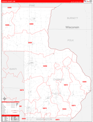 Chisago County, MN Wall Map Zip Code Red Line Style 2024