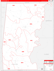 Choctaw County, AL Wall Map Zip Code Red Line Style 2024