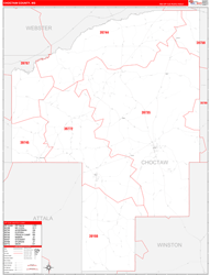 Choctaw County, MS Wall Map Zip Code Red Line Style 2024