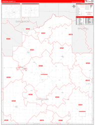 Christian County, IL Wall Map Zip Code Red Line Style 2024