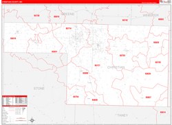 Christian County, MO Wall Map Zip Code Red Line Style 2024