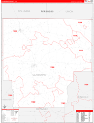 ClaiborneParish (County), LA Wall Map Zip Code Red Line Style 2023