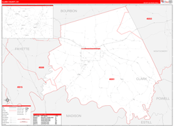 Clark County, KY Wall Map Zip Code Red Line Style 2024
