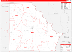 Clark County, MO Wall Map Zip Code Red Line Style 2024