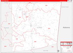 Clarke County, MS Wall Map Zip Code Red Line Style 2026