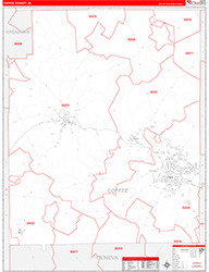Coffee County, AL Wall Map Zip Code Red Line Style 2026