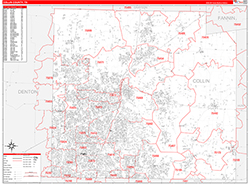 Collin County, TX Wall Map Zip Code Red Line Style 2026