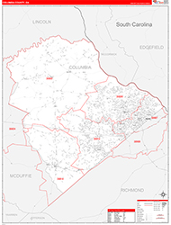 Columbia County, GA Wall Map Zip Code Red Line Style 2026