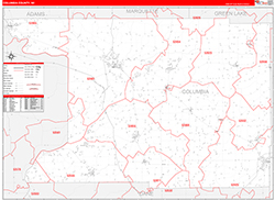 Columbia County, WI Wall Map Zip Code Red Line Style 2026