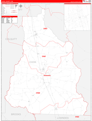 Cook County, GA Wall Map Zip Code Red Line Style 2024