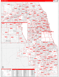 Cook County, IL Wall Map Zip Code Red Line Style 2024