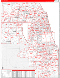 Cook County, IL Wall Map Zip Code Red Line Style 2026