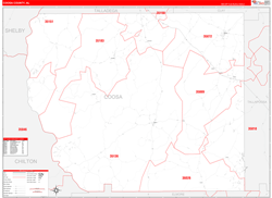 Coosa County, AL Wall Map Zip Code Red Line Style 2024