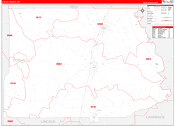 Copiah County, MS Wall Map Zip Code Red Line Style 2024