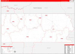Corson County, SD Wall Map Zip Code Red Line Style 2024