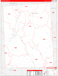 Cortland County, NY Wall Map Zip Code Red Line Style 2024