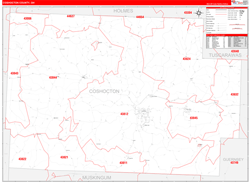 Coshocton County, OH Wall Map Zip Code Red Line Style 2024