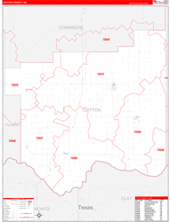 Cotton County, OK Wall Map Zip Code Red Line Style 2024