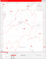 Covington County, AL Wall Map Zip Code Red Line Style 2024