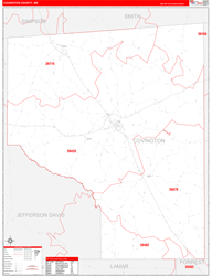 Covington County, MS Wall Map Zip Code Red Line Style 2024