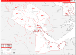 Craven County, NC Wall Map Zip Code Red Line Style 2024
