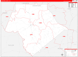 Crawford County, GA Wall Map Zip Code Red Line Style 2024