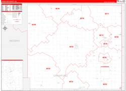Crawford County, KS Wall Map Zip Code Red Line Style 2024