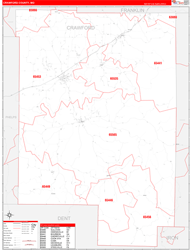 Crawford County, MO Wall Map Zip Code Red Line Style 2024