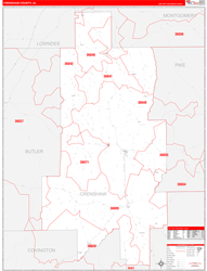 Crenshaw County, AL Wall Map Zip Code Red Line Style 2024