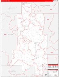 Crenshaw County, AL Wall Map Zip Code Red Line Style 2026