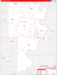 Crittenden County, AR Wall Map Zip Code Red Line Style 2024