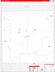 Crosby County, TX Wall Map Zip Code Red Line Style 2024