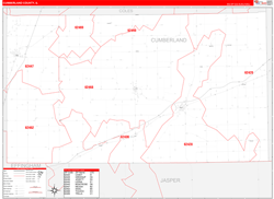 Cumberland County, IL Wall Map Zip Code Red Line Style 2024