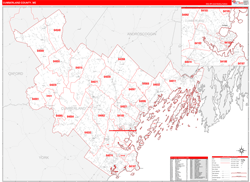 Cumberland County, ME Wall Map Zip Code Red Line Style 2024