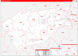 Cumberland County, PA Wall Map Zip Code Red Line Style 2024