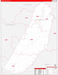 Cumberland County, VA Wall Map Zip Code Red Line Style 2024